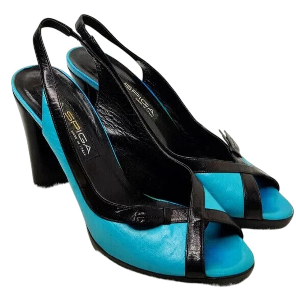 Vintage Y2K Turquoise/black Peep Toe pumps sz 9.5 M
